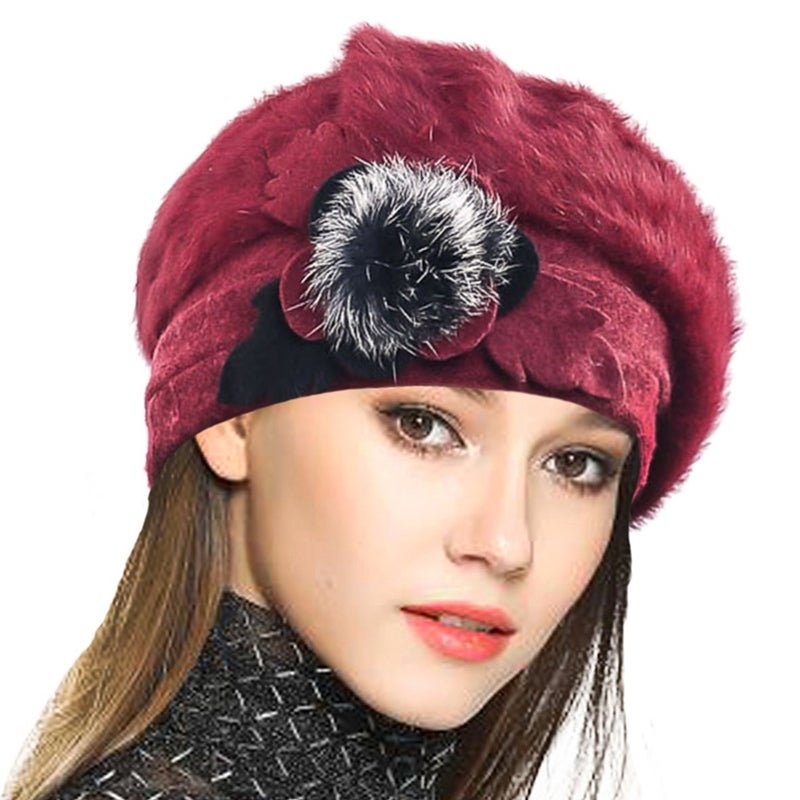 VECRY Lady French Beret 100% Wool Beret Floral Dress Beanie Winter Hat (Angola-Claret) - Image 1